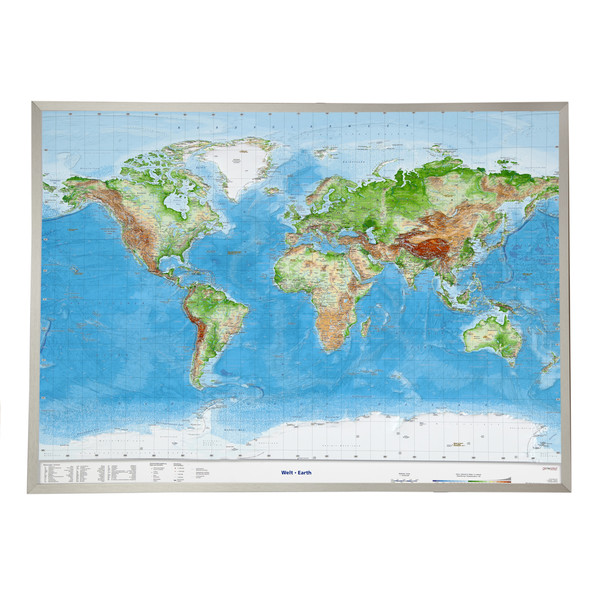 Georelief Large 3D relief map of the World, in aluminium frame (in German)
