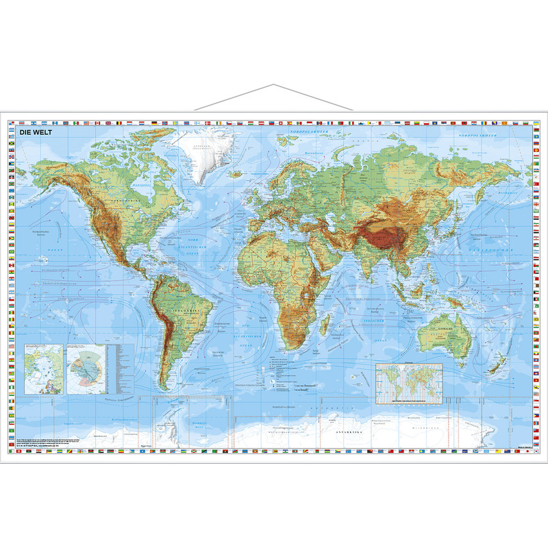 Stiefel World map physisch mit Flaggenrand (95x62)