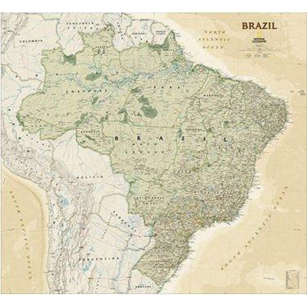 National Geographic antique map of Brazil, laminated