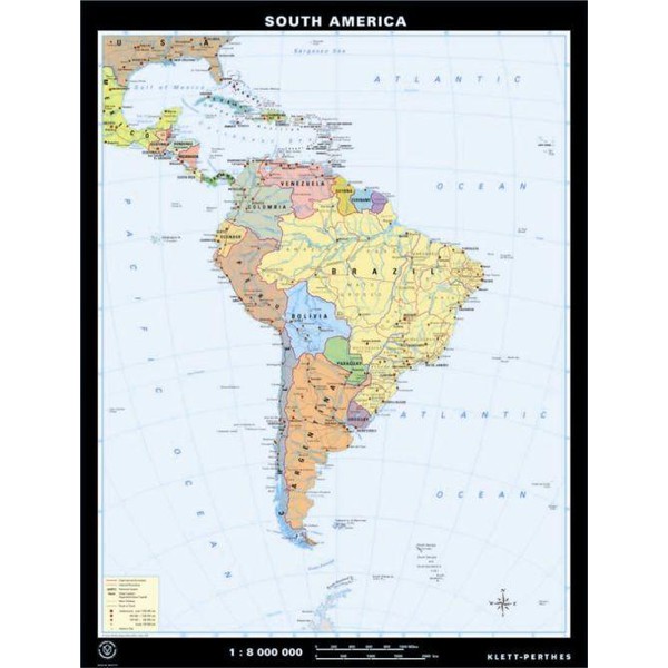 Klett-Perthes Verlag Continent map South America physical / political (ABW) 2-sided