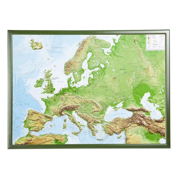 Georelief Large 3D relief map of Europe in wooden frame (in German)