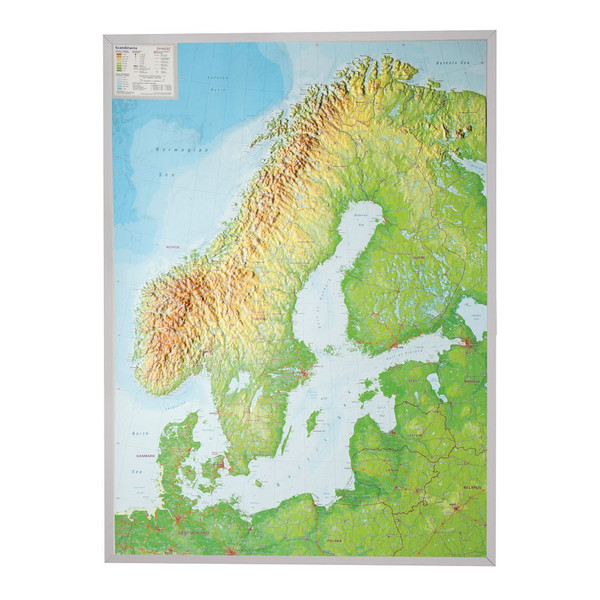 Georelief Scandinavia 3D relief map with silver plastic frame, large