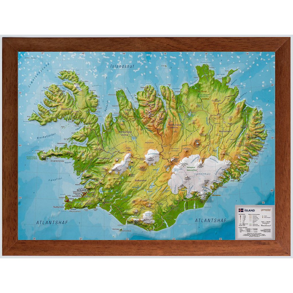 Georelief Map Island (klein) mit Holzrahmen, 3D Reliefkarte