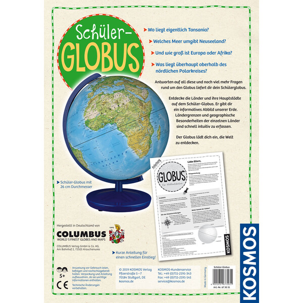 Kosmos Verlag Childrens globe Schülerglobus physisch 26cm