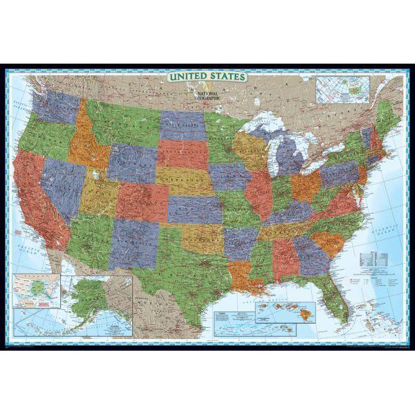 National Geographic The decorative USA map politically, groïoe