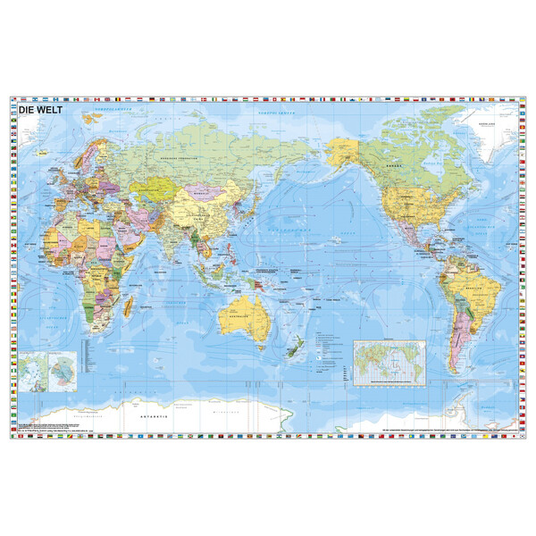 Stiefel World map Welt politisch pazifikzentriert mit Flaggenrand (98x68)