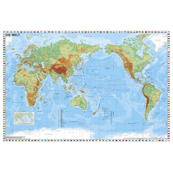 Stiefel World map Welt physisch pazifikzentriert mit Flaggenrand (98x68)