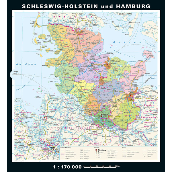 PONS Regional map Schleswig-Holstein und Hamburg physisch/politisch (148 x 175 cm)