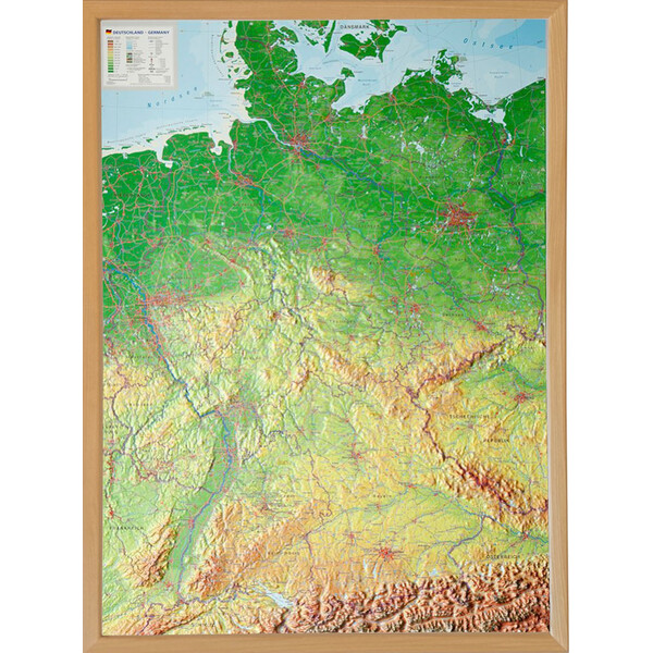 Georelief Large 3D relief map of Germany with wooden frame (in German)