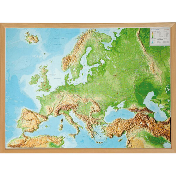 Georelief Large 3D relief map of Europe in wooden frame (in German)
