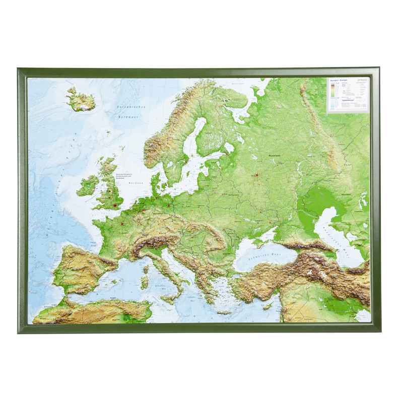 Georelief Large 3D relief map of Europe in wooden frame (in German)