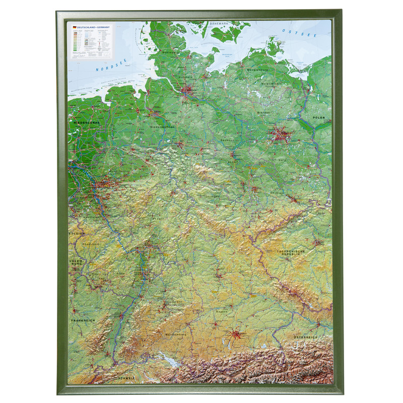 Georelief Large 3D relief map of Germany with wooden frame (in German)