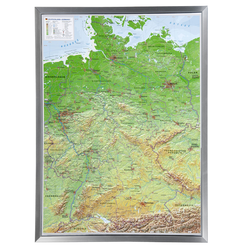 Georelief Large 3D relief map of Germany in aluminium frame (in German)