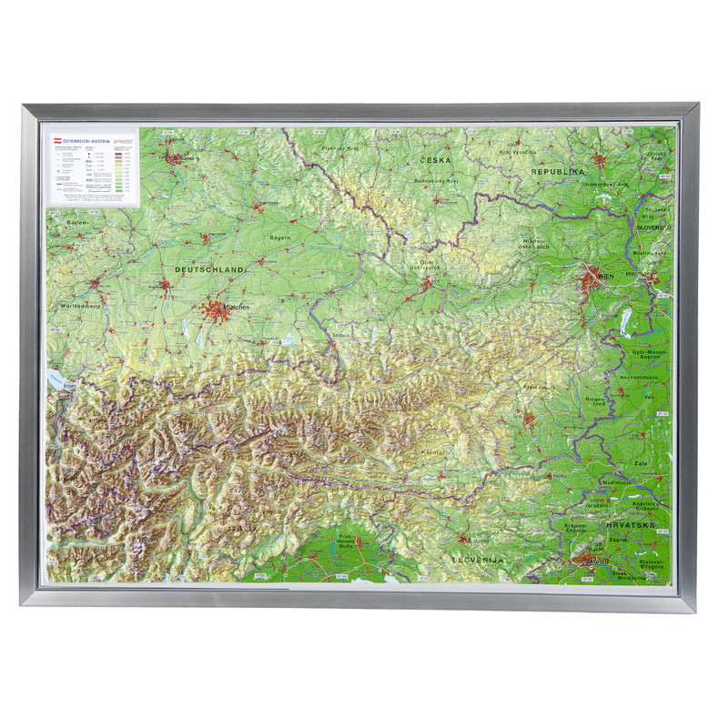 Georelief Large 3D relief map of Austria in aluminium frame (in German)