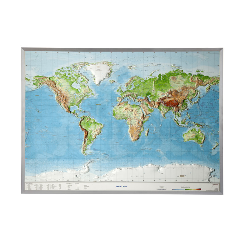 Georelief World relief map, large, 3D, with aluminium frame