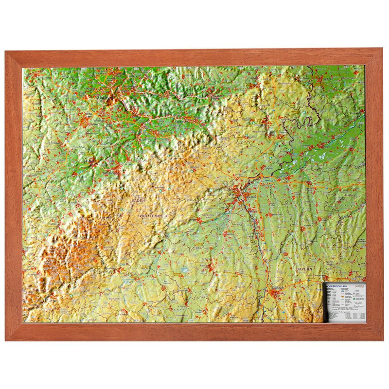Georelief Schwäbische Alb klein, 3D Reliefkarte mit Holzrahmen