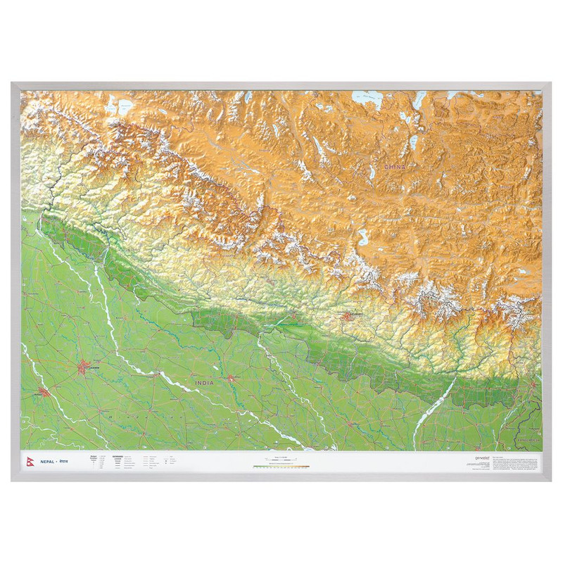 Georelief Regional map Nepal groß 3D mit Aluminiumrahmen