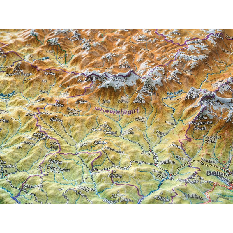 Georelief Regional map Nepal groß 3D mit Aluminiumrahmen