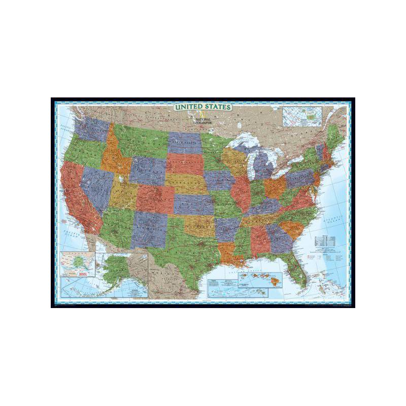 National Geographic The decorative USA map politically, largely laminates