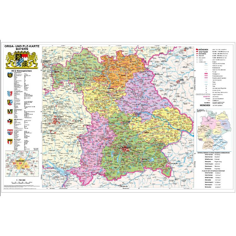 Stiefel Regional map Bayern politisch mit Postleitzahlen