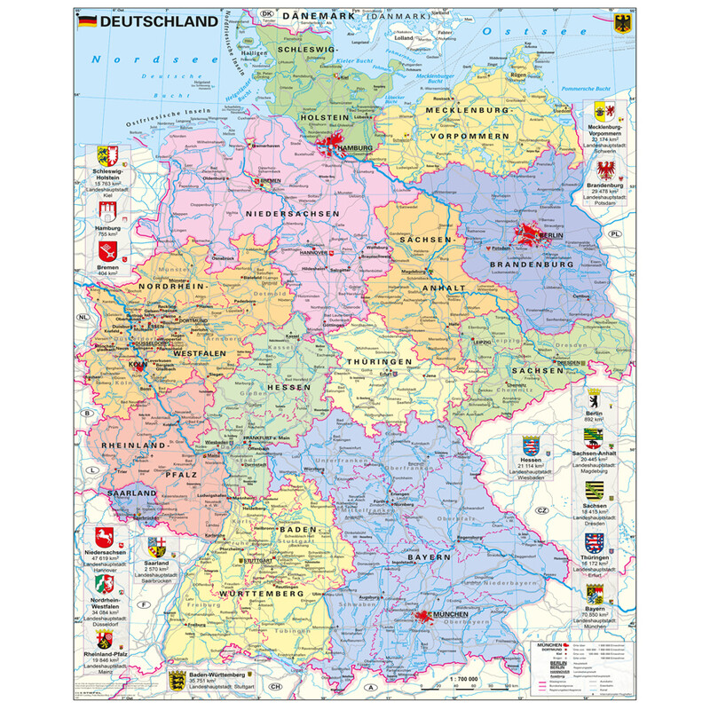Stiefel Map Deutschland politisch mit Wappen (97 x 119 cm)