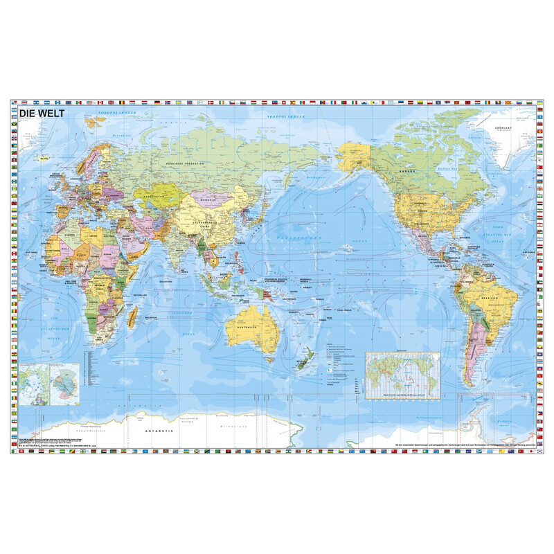 Stiefel World map Welt politisch pazifikzentriert mit Flaggenrand (98x68)