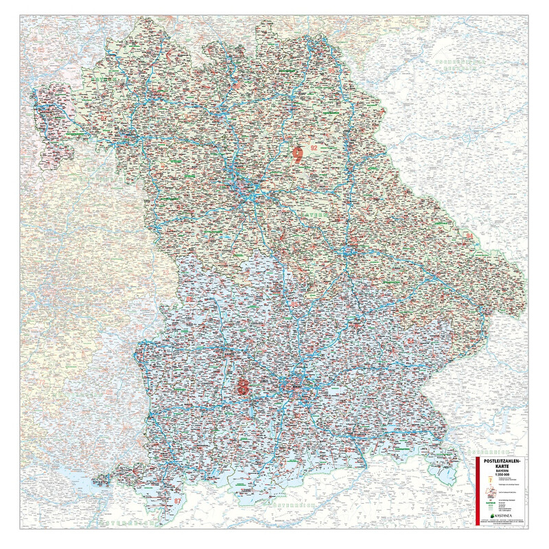 Kastanea Regional map Postleitzahlenkarte Bayern (110 x 112 cm)