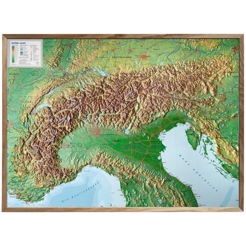 Georelief Large 3D relief map of the Alps in wooden frame (in German)