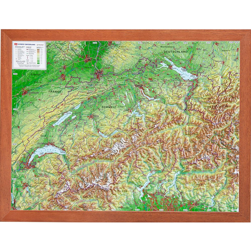 Georelief Switzerland (39x29) 3D relief map with a wooden frame