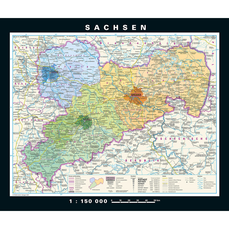 PONS Regional map Sachsen physisch/politisch (176 x 148 cm)