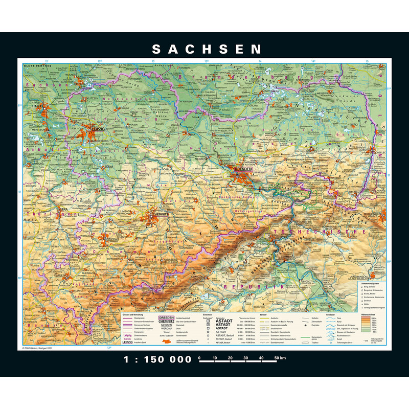 PONS Regional map Sachsen physisch/politisch (176 x 148 cm)
