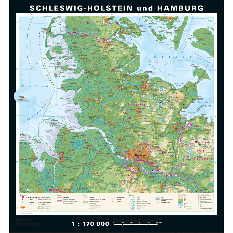 PONS Regional map Schleswig-Holstein und Hamburg physisch/politisch (148 x 175 cm)