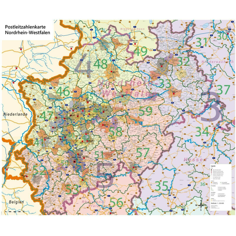 GeoMetro Regional map Nordrhein-Westfalen Postleitzahlen PLZ NRW (118 x 100 cm)