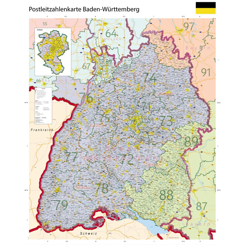 GeoMetro Regional map Baden-Württemberg Postleitzahlen PLZ (100 x 123 cm)