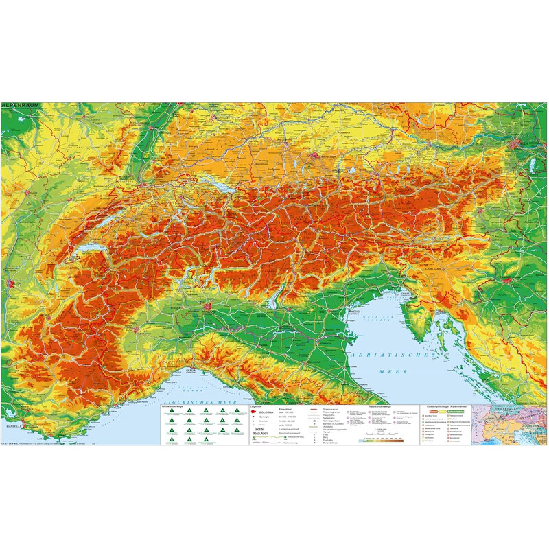 Stiefel Regional map Alpine region with long-distance hiking and cycling trails (140 x 100 cm)