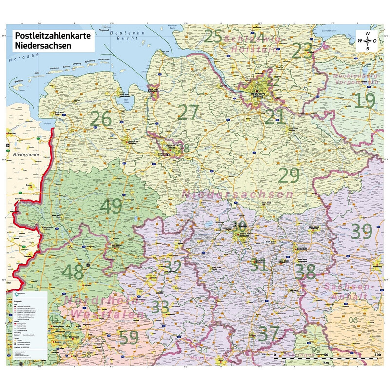 GeoMetro Regional map Lower Saxony Postcodes (100 x 123 cm)